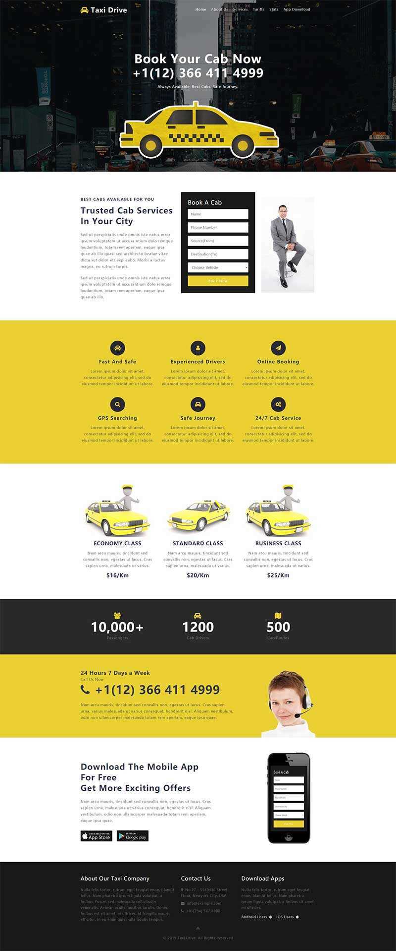 黄色出租车服务网站单页响应式网页html模板 - 简单网创项目资源网