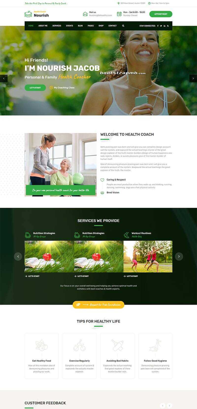 Bootstrap绿色的健康指导生活服务网站html模板 - 简单网创项目资源网