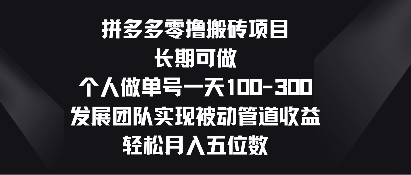 拼多多零撸搬砖项目，长期可做，个人做单号一天100-300，发展团队实现被动管道收益，轻松月入五位数 - 简单网创项目资源网