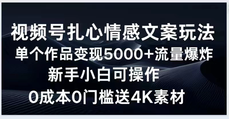 视频号扎心情感文案玩法，单个作品变现5000+，流量爆炸，两分钟一条作品，新手小白可操作，0成本0门褴送4K素材送工具 - 简单网创项目资源网