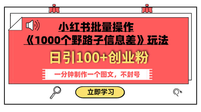 小红书批量操作《 1000 个野路子信息差》玩法，日引 100+ 创业粉，一分钟一个图文 - 简单网创项目资源网
