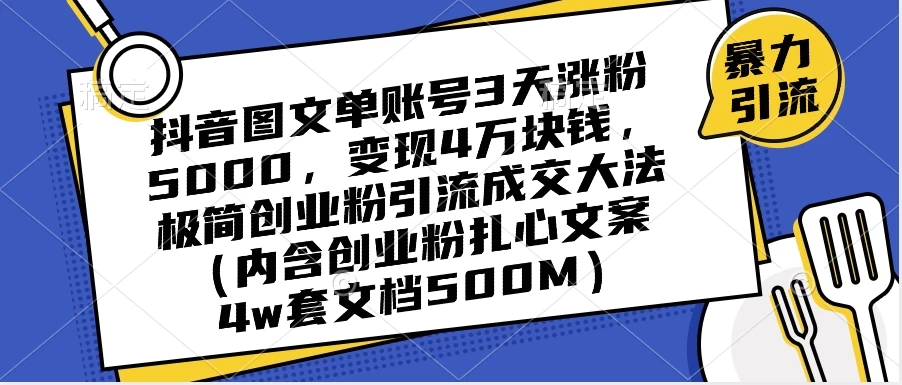 抖音图文单账号 3 天涨粉 5000，变现 4 W，极简创业粉引流成交大法（内含扎心文案） - 简单网创项目资源网