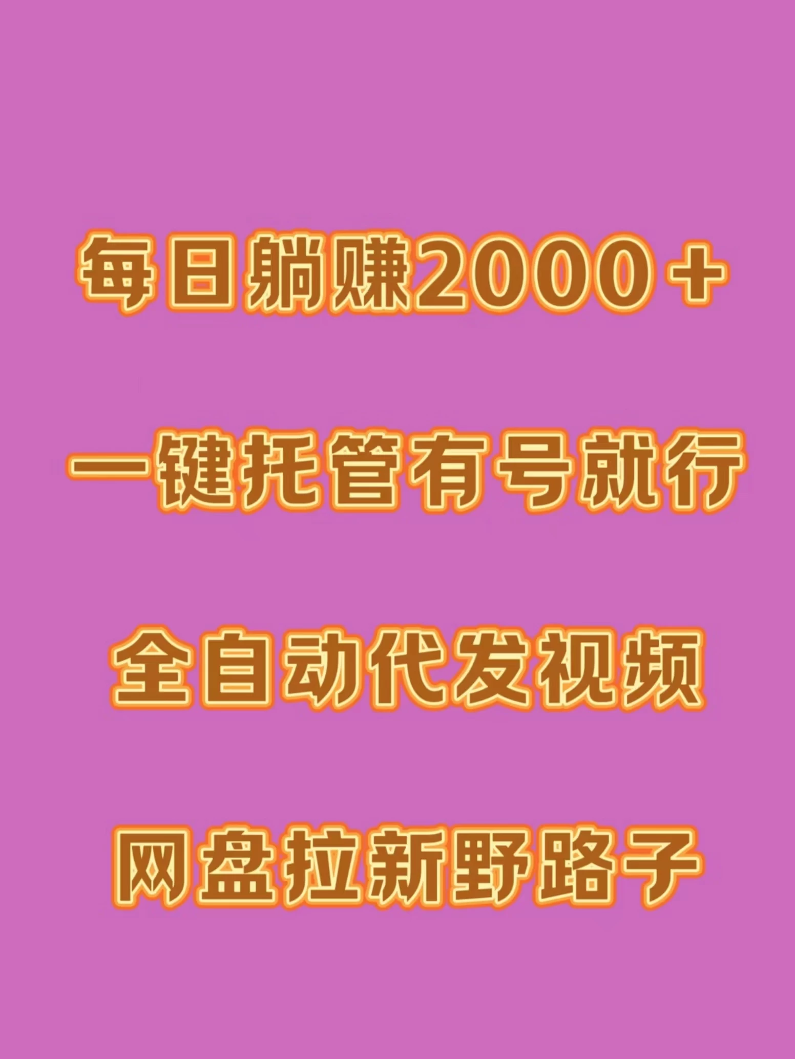 每日躺赚2000＋，一键托管有号就行，全自动代发视频，网盘拉新野路子 - 简单网创项目资源网