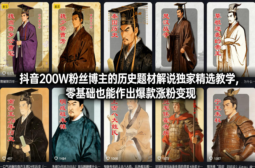 抖音200W粉丝博主的历史题材解说独家精选教学，零基础也能作出爆款涨粉变现 - 简单网创项目资源网
