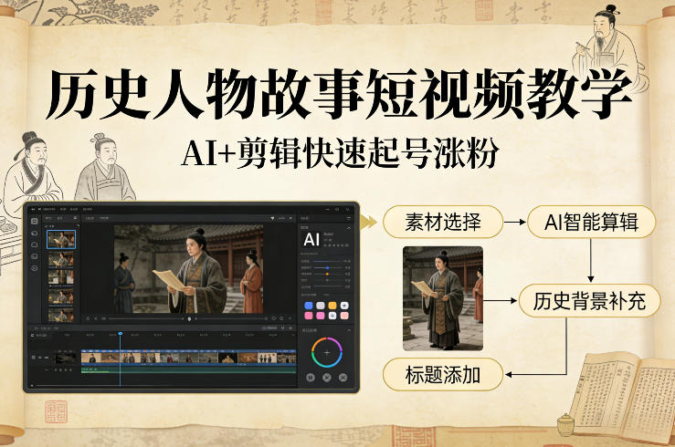 历史人物故事短视频教学，AI+剪辑制作历史人物题材短视频，快速起号涨粉 - 简单网创项目资源网