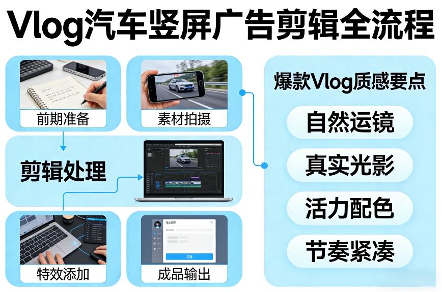 Vlog感觉汽车竖屏广告剪辑脚本全流程，拿捏爆款Vlog质感 - 简单网创项目资源网