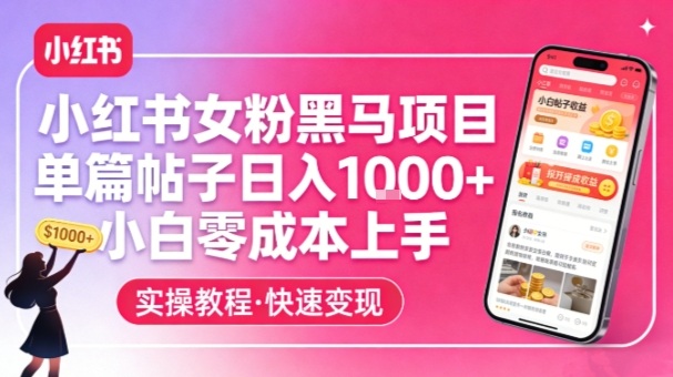 小红书女粉黑马项目，单篇帖子日入1k+，小白零成本上手 - 简单网创项目资源网