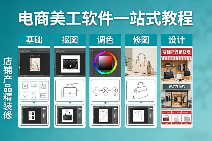 电商美工软件一站式教程，基础/抠图/调色/修图/设计，店铺产品精装修 - 简单网创项目资源网