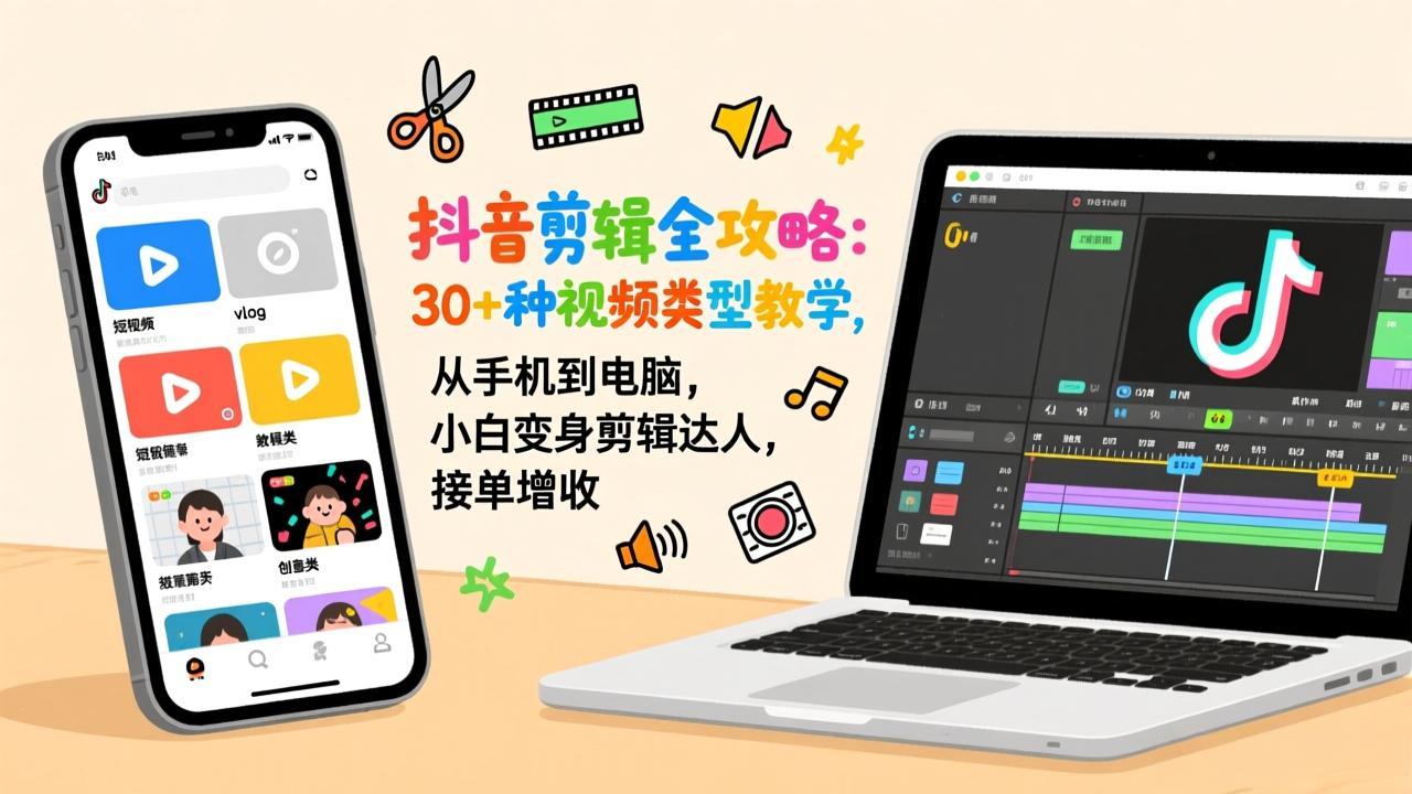 抖音剪辑全攻略：30+种视频类型教学，从手机到电脑，小白变身剪辑达人，接单增收 - 简单网创项目资源网