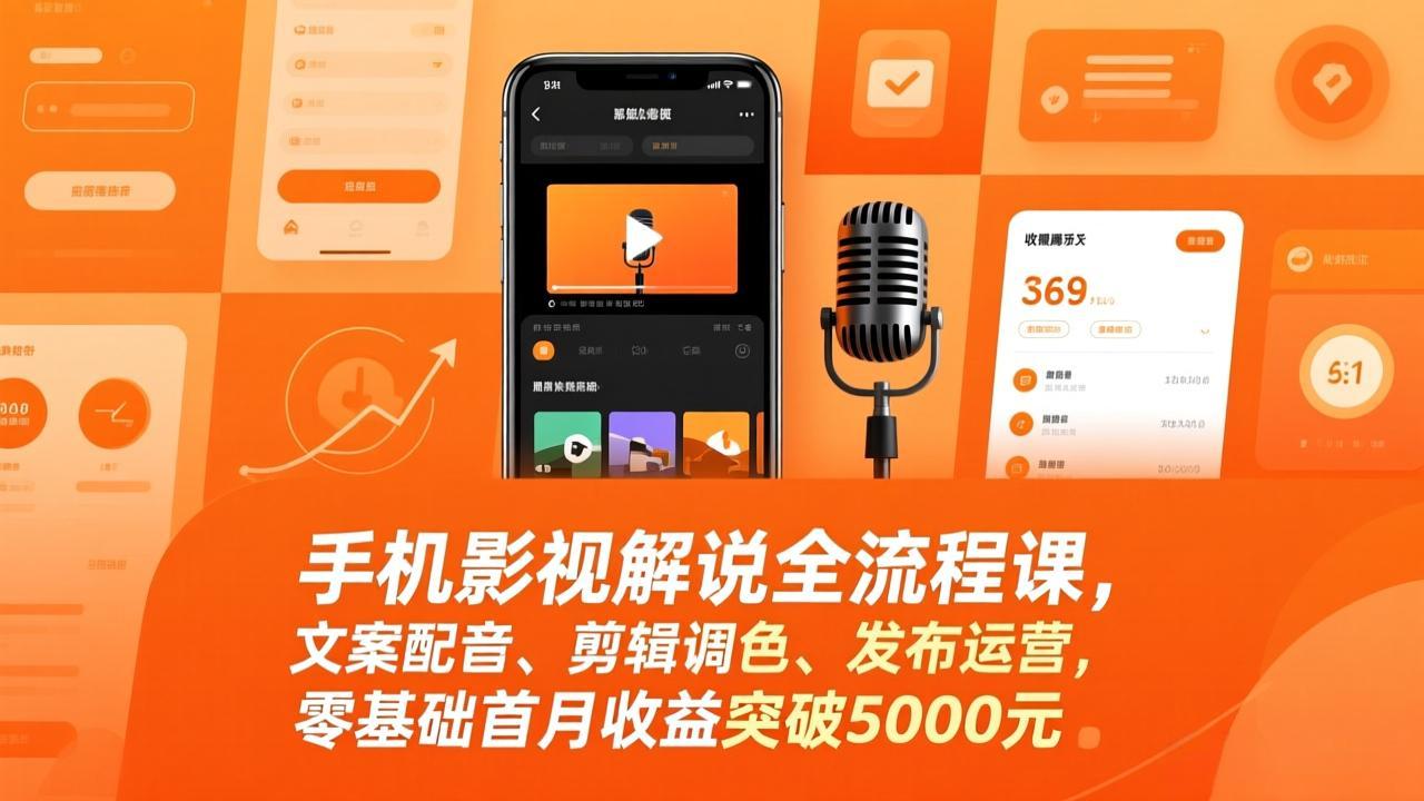 手机影视解说全流程课，文案配音、剪辑调色、发布运营，零基础首月收益突破5000元 - 简单网创项目资源网